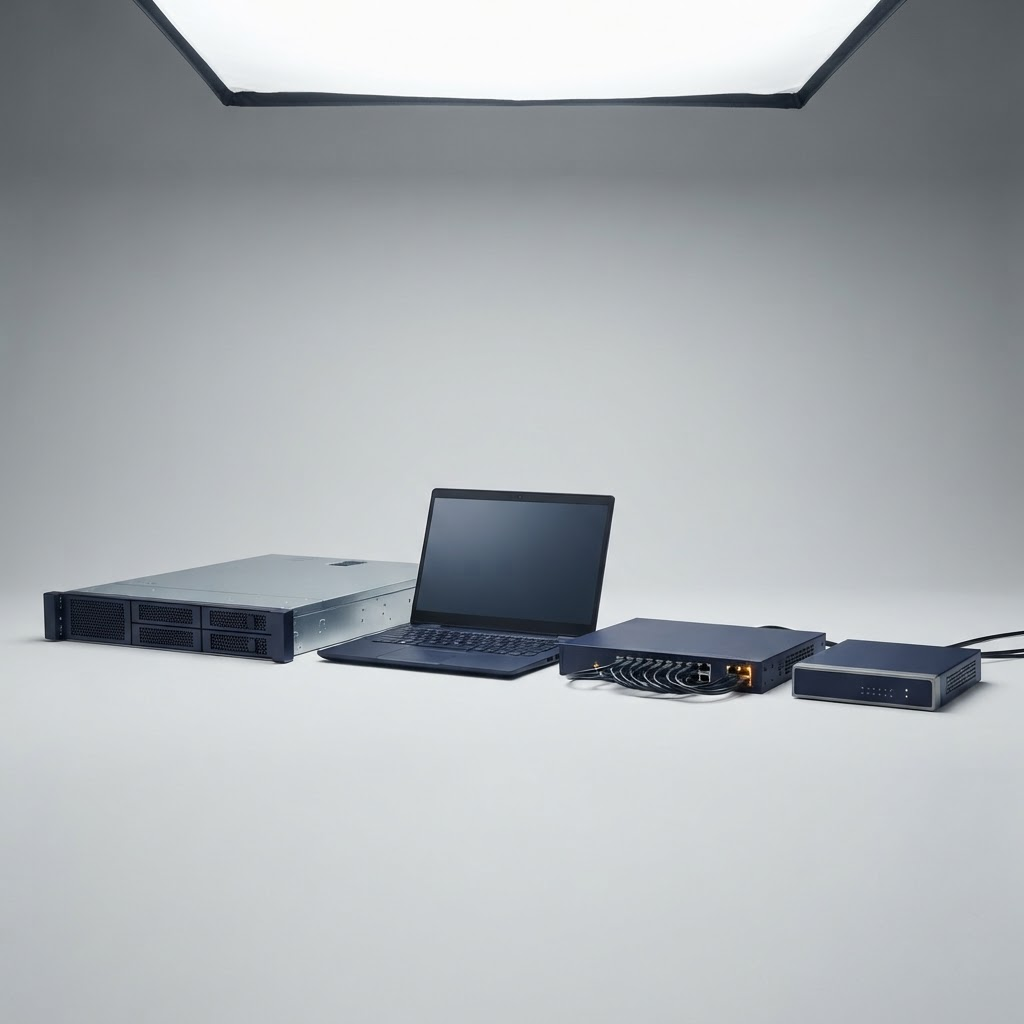 Enterprise server, business laptop, network switch and firewall appliance
